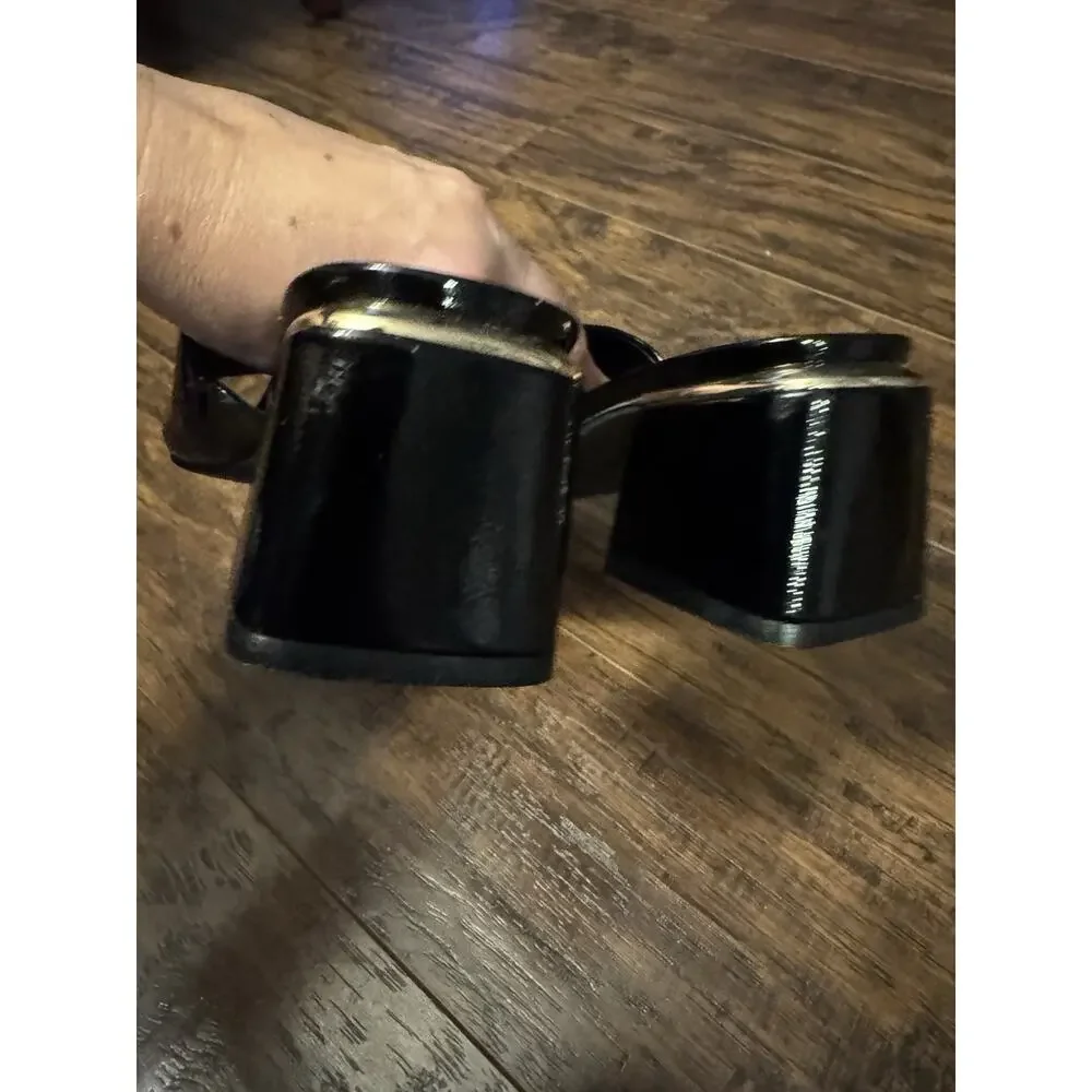 Guess Logo Black Shiny Mules Slip On Block Heels Open Toe Square Sz:5.5